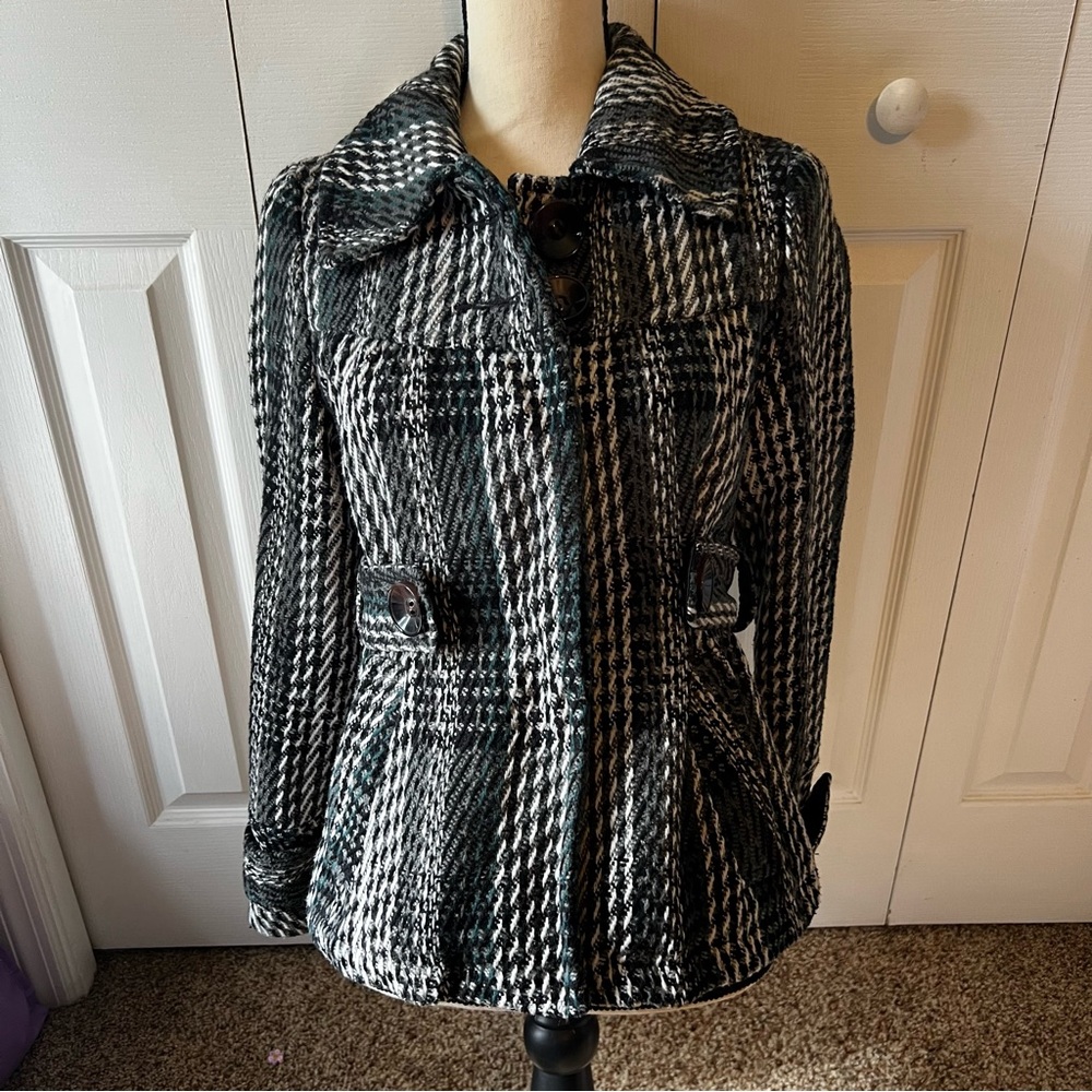 Black Green Gray and White Plaid Women's Pea Coat Size Small